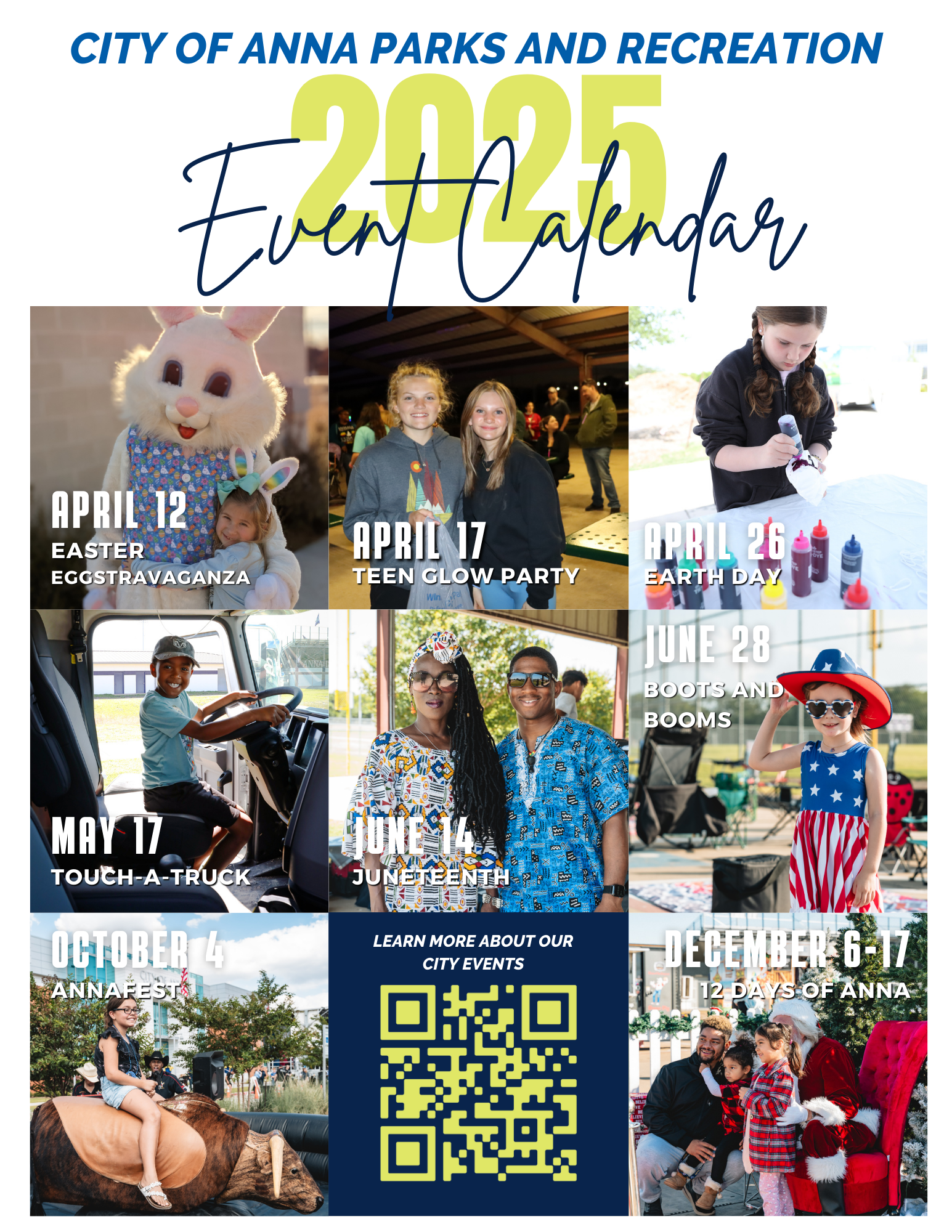 An event calendar for the City of Anna Parks and Recreation 2025, featuring photos and dates for eve